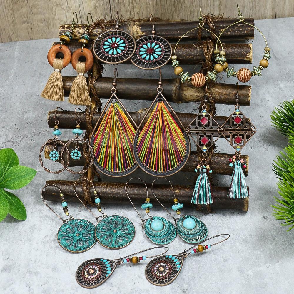 Wholesale Alloy Ethnic Vintage Tassel Drop Earrings - Trendy Everyday Jewelry Accessory