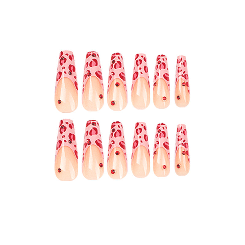 Wholesale 24 Pieces/box Red Diamond Pink Leopard Press-on Nails Kits Nail Stickers ACC-NS-LeFan051