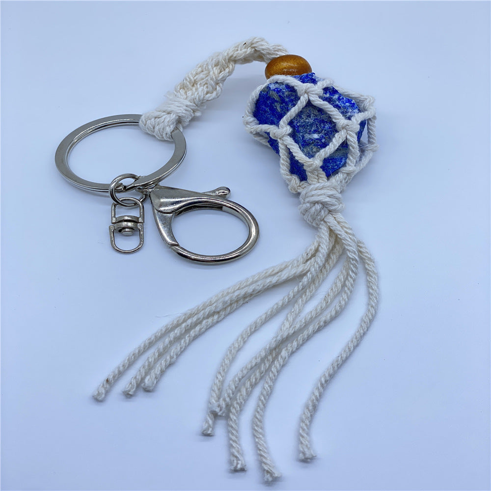 Wholesale Crystal Raw Stone Woven Mesh Pocket Keychain Natural Stone ACC-KC-Nius001