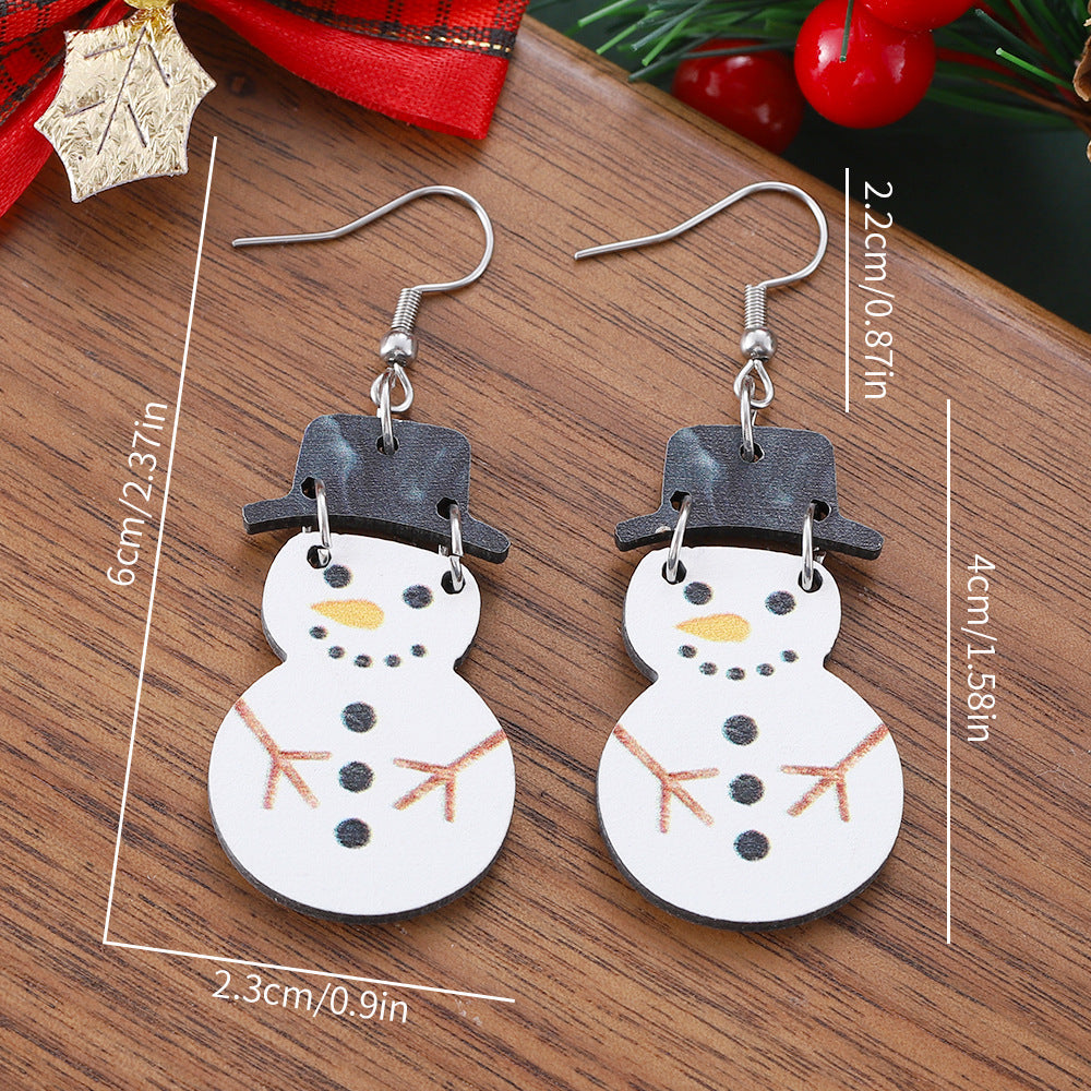 Wholesale Christmas winter snowman hat splicing pendant earrings wooden double-sided cute earrings