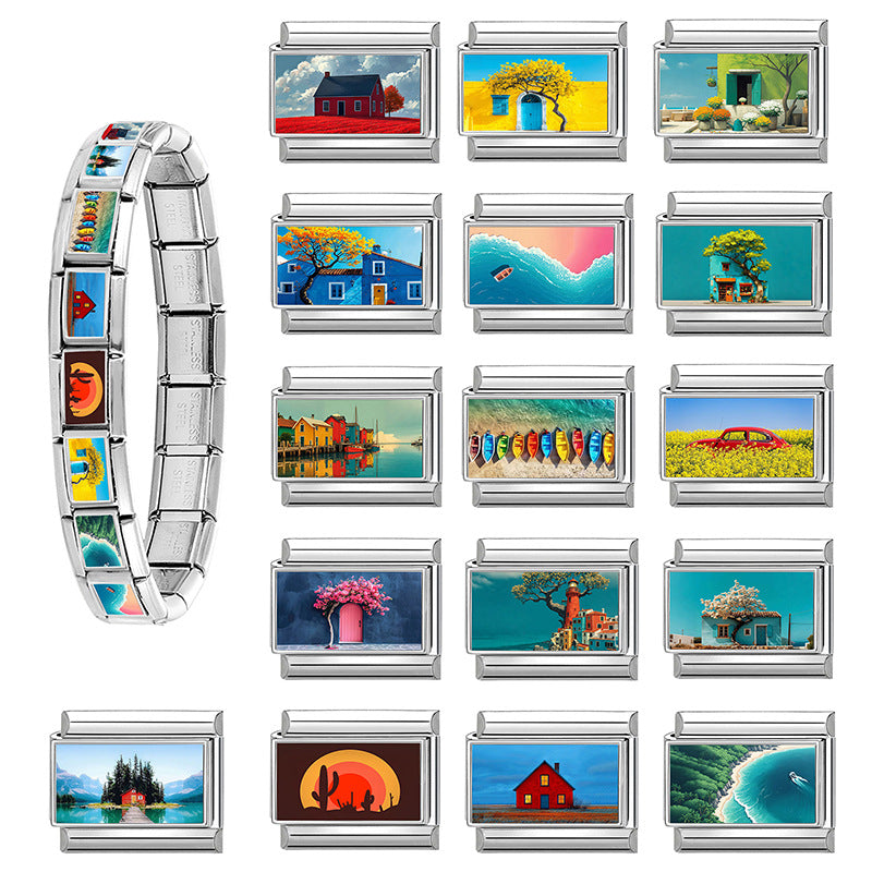 Wholesale Italian Style Landscape DIY Bracelet Charms Stainless Steel Jewelry Making Accessory