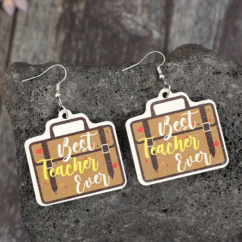 Wholesale  School Season Graduation Season School Bag Printed with English Letters Wooden Fashion Earrings