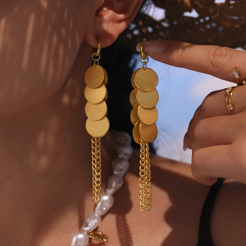 Wholesale Stainless Steel Texture Disc Chain Tassel Earrings