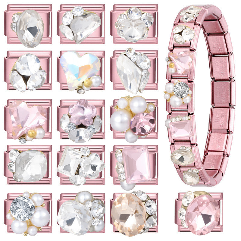 Wholesale Stainless Steel Pink Crystal Pearl Heart Bracelet Set Fashion Accessory
