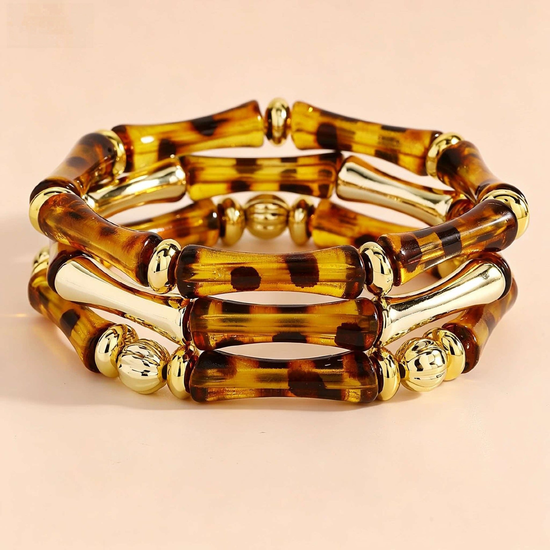 Wholesale Amber Resin Beaded Bracelet Bangle Set For Women Geometric Design Stretch Band Chic Jewelry Accessory