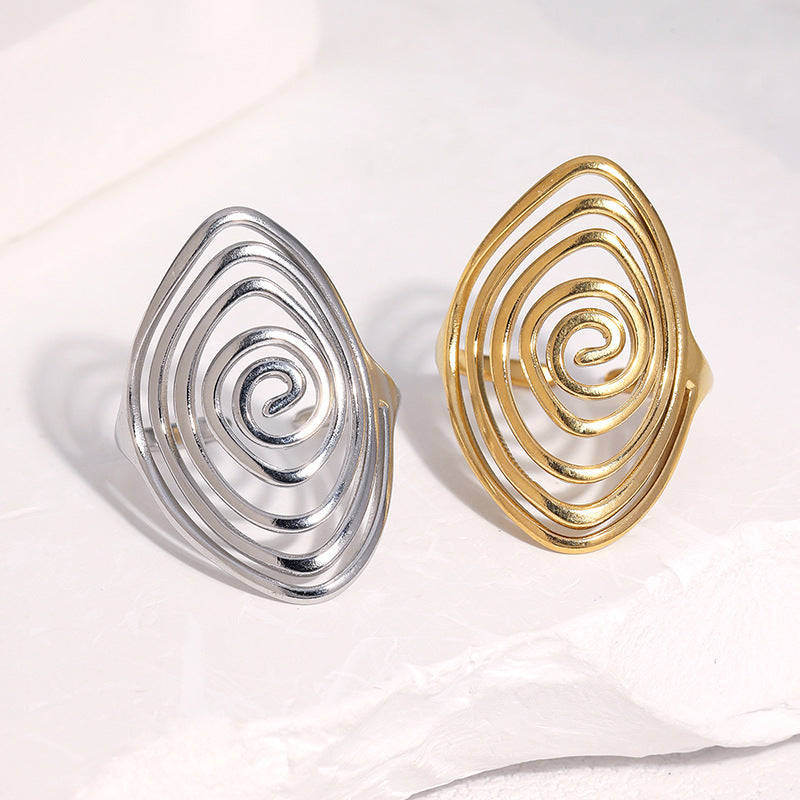 Wholesale Geometric Spiral Adjustable Open Ring Stainless Steel Gold Plated Wide Band Jewelry Accessory
