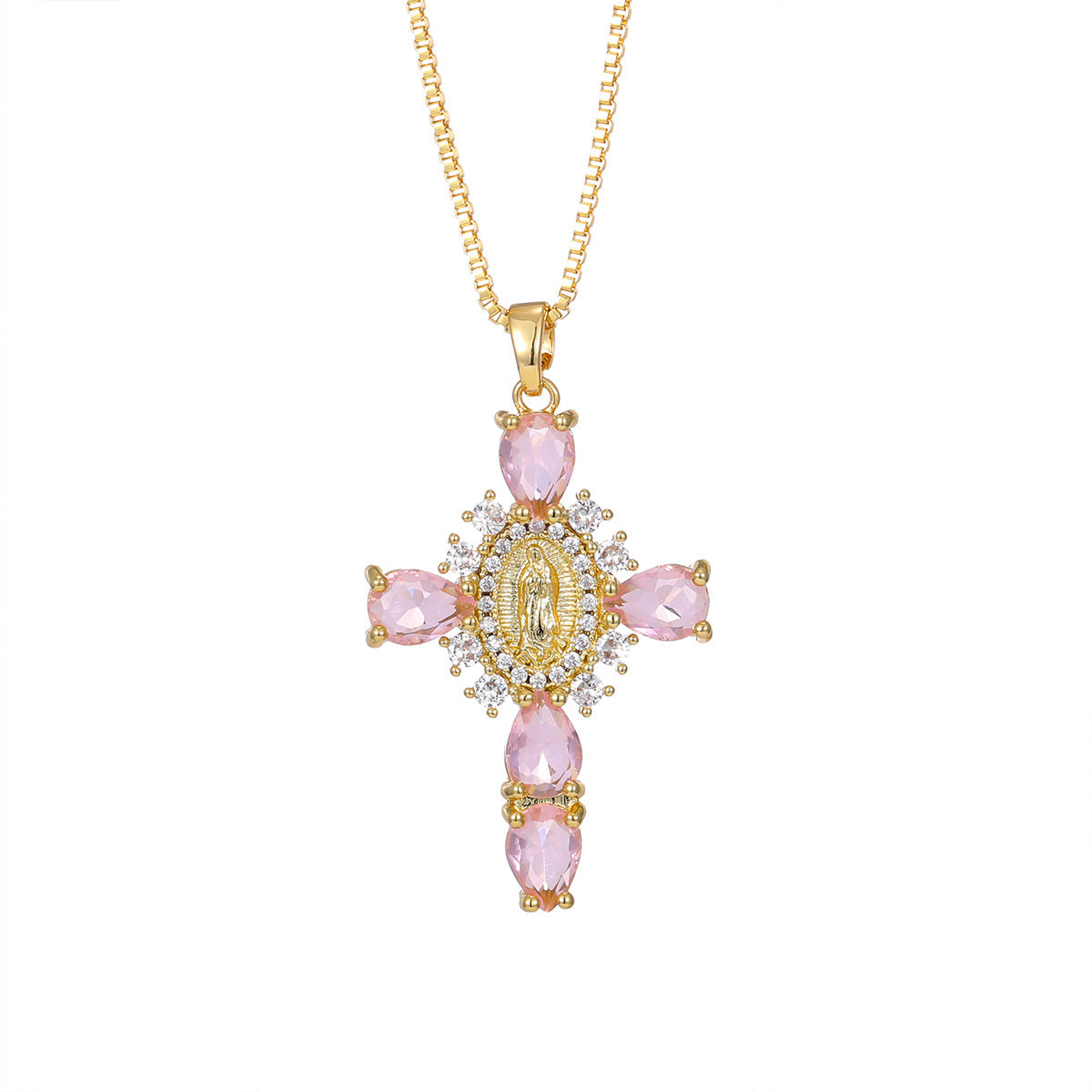 WholesaleJewelry Virgin Mary Cross Pendant Copper Inlaid with Zircon Temperament Versatile Cross Necklace Yiwu Accessories