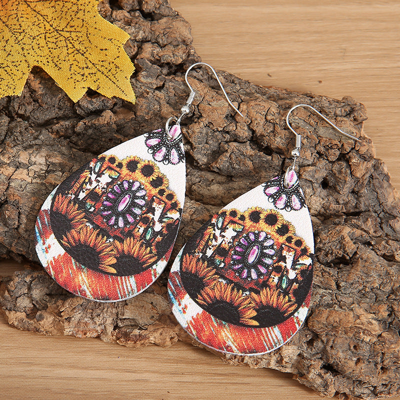 Wholesale Leather Drop Earrings with Sunflower MOM Design,  Turquoise Embossed,  Trendy Mother' s Day Jewelry Accessory for Gifting