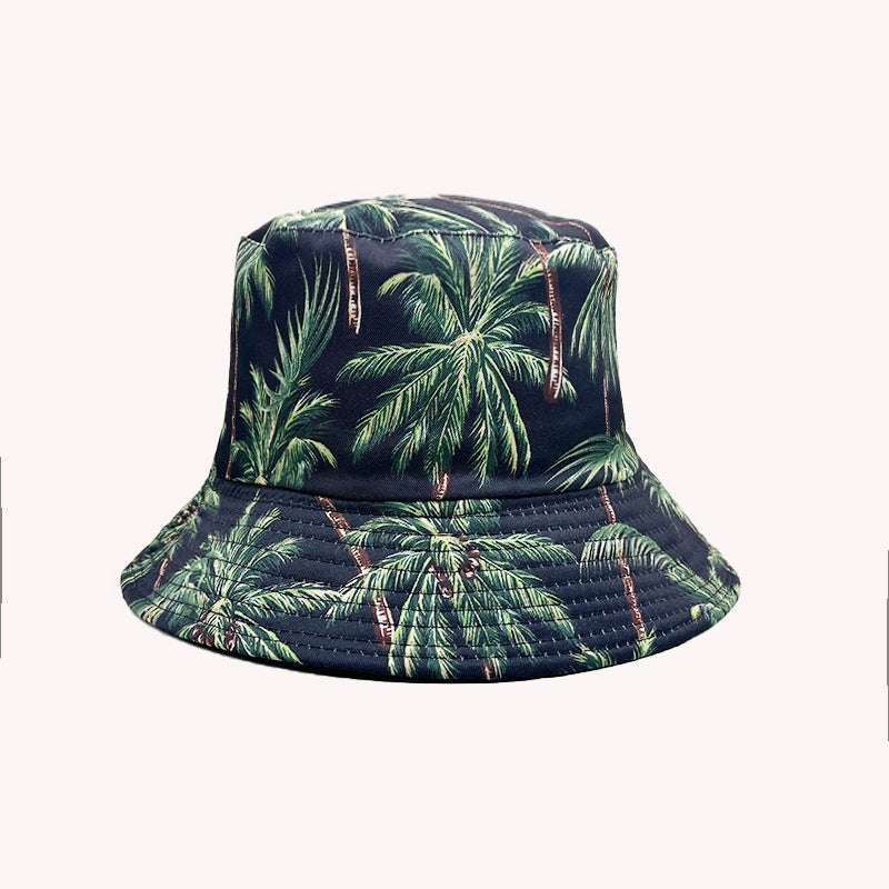 Wholesale Palm Tree Print Reversible Bucket Hat Breathable Autumn Hand-Painted Sun Hat Fashion Accessory