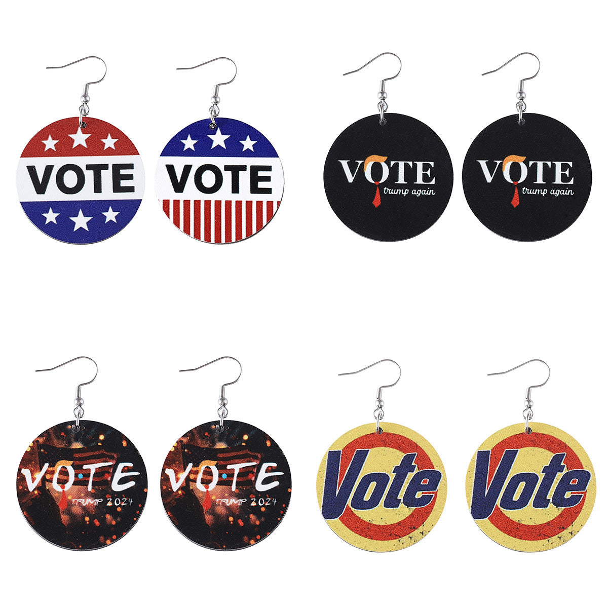 Wholesale Striped Star VOTE Round Wood Double-sided Earrings ACC-ES-ChuLian079