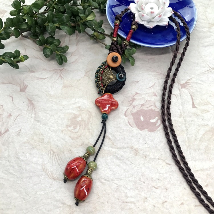 Wholesale Forest Style Handmade Ceramic Necklace Retro All-match Sweater Chain Long Necklace ACC-NE-Luox001