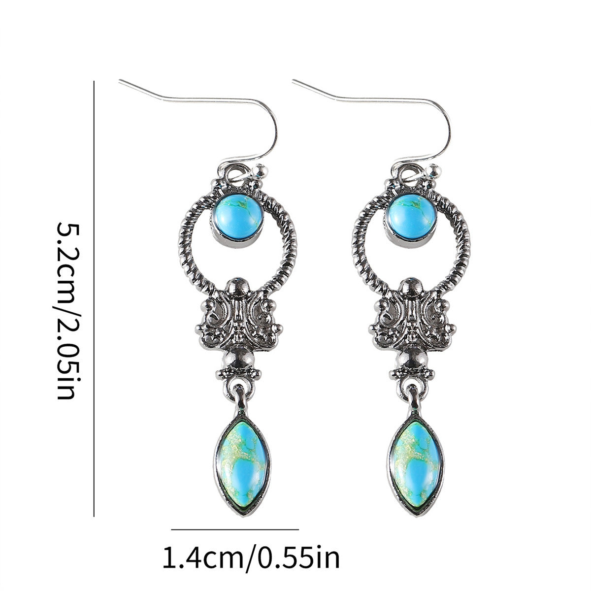 Wholesale European and American Fashion Retro Turquoise Geometric Pendant Earrings Women' s Exquisite and Elegant Versatile Elegant Ear Jewelry
