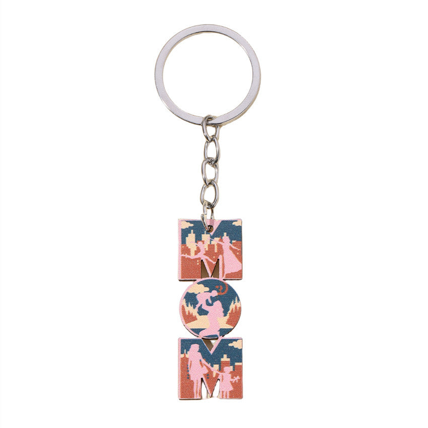 Wholesale Sunflower MOM Mother's Day Leopard Wooden Keychain ACC-KC-RongR032