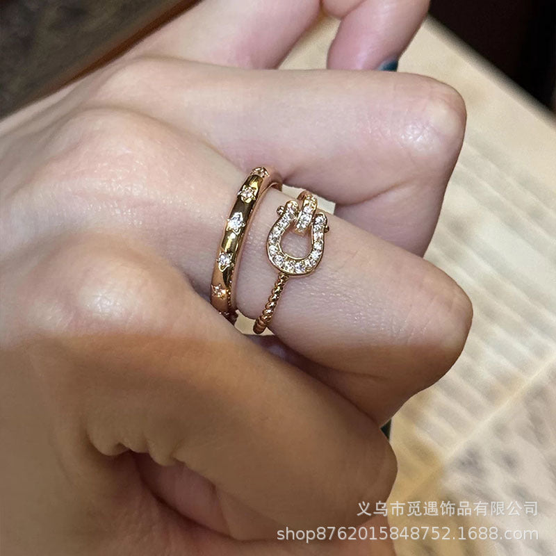 Wholesale Women S Two Piece Stacking Ring Set Sparkling Star And Horseshoe Buckle Motif Alloy Adjustable Open Rings Boutique Resale Party Jewelry