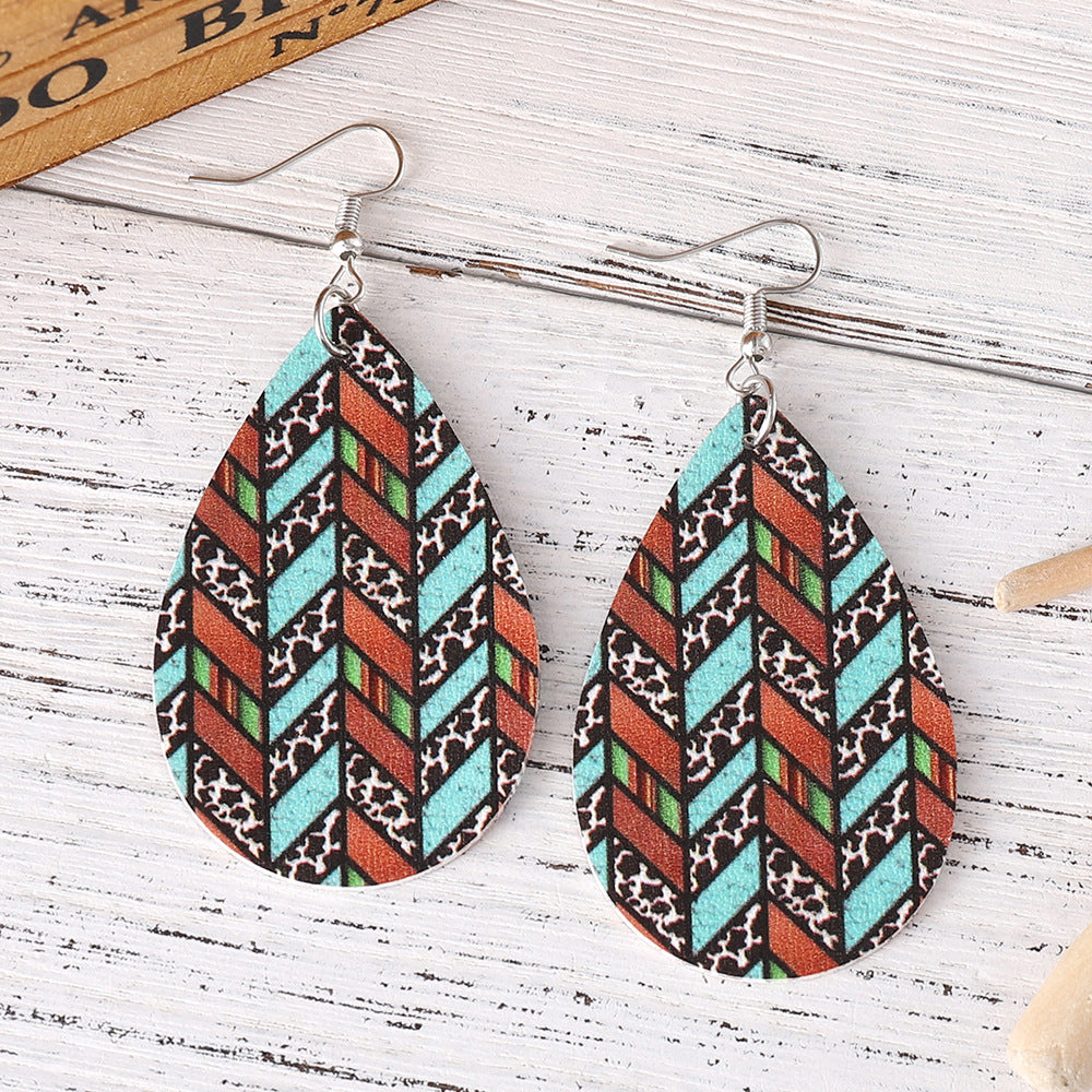 Wholesale Western Ethnic Dairy Leopard Geometric Pattern Water Drop Pendant Earrings