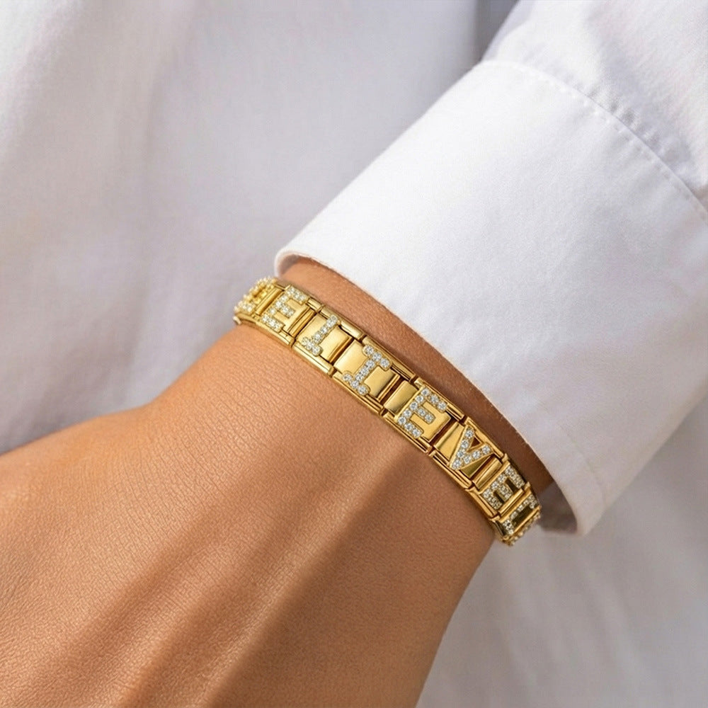 Wholesale Fashion Italian Style DIY Letter Modular Bracelet Stainless Steel Gold Tone Rhinestone Jewelry Accessory For Boutique Resale