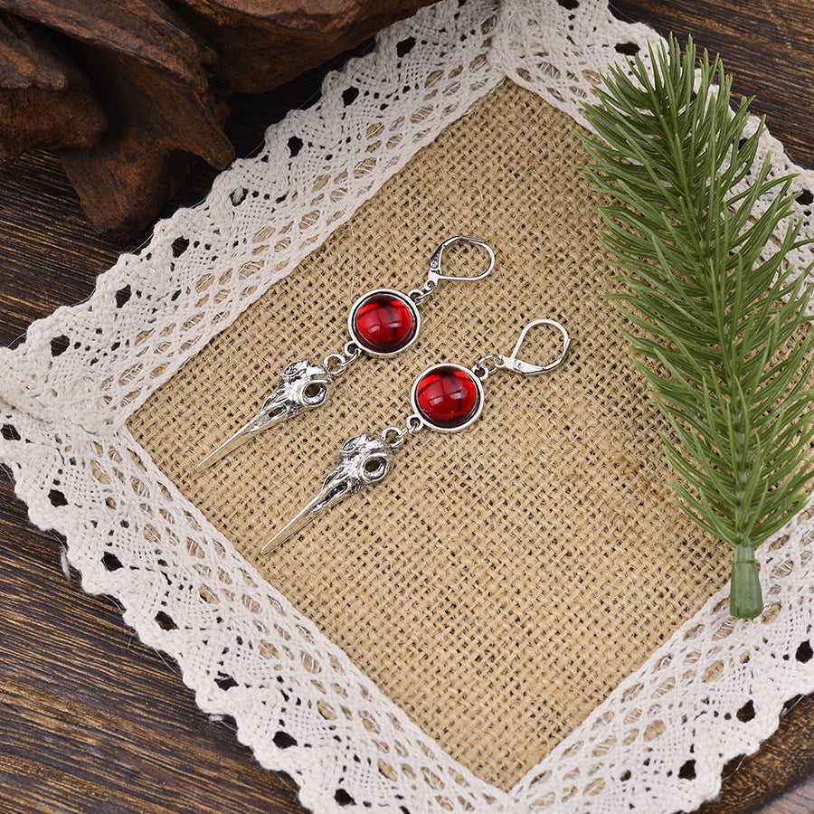 Wholesale Chic Gothic Crow Pendant Earrings Antique Silver Finish Ruby Red Accent  Fashion Jewelry Gift