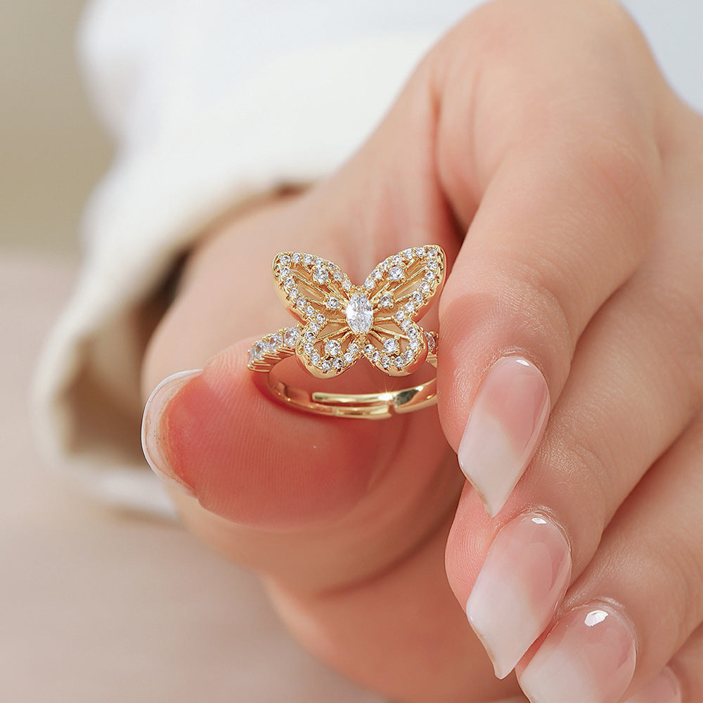 Wholesale Chic Butterfly Star Open Ring Gold Tone Adjustable Zircon Copper Alloy Jewelry Accessory Gift