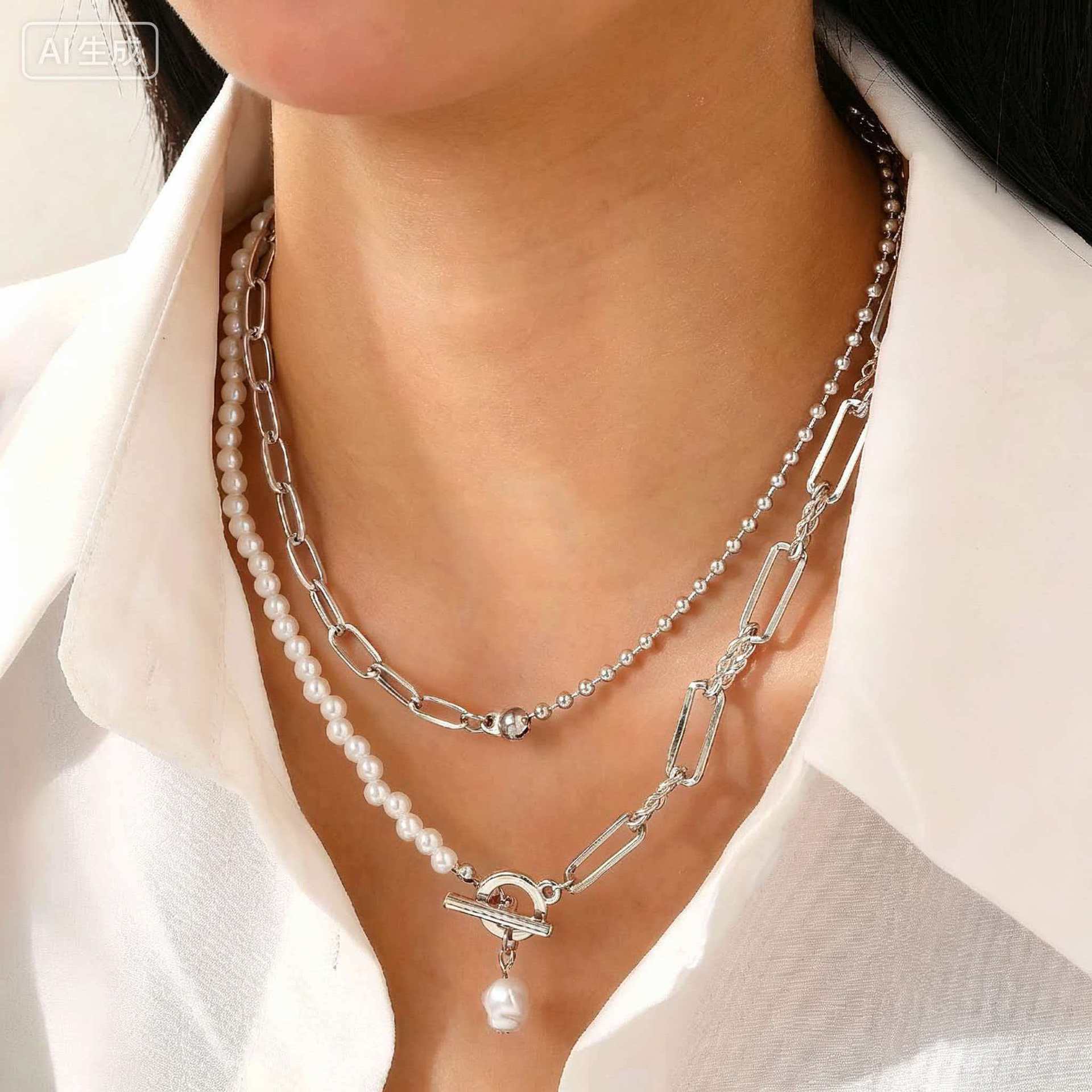 Wholesale Fashion Layered Imitation Pearl Cross Heart Butterfly Necklace Alloy Jewelry for Women