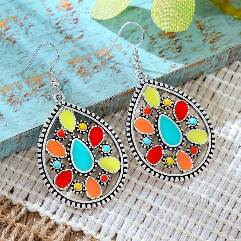 Wholesale Alloy Retro Ethnic Turquoise Bohemian Geometric Oil Drip Earrings Jewelry Accessory