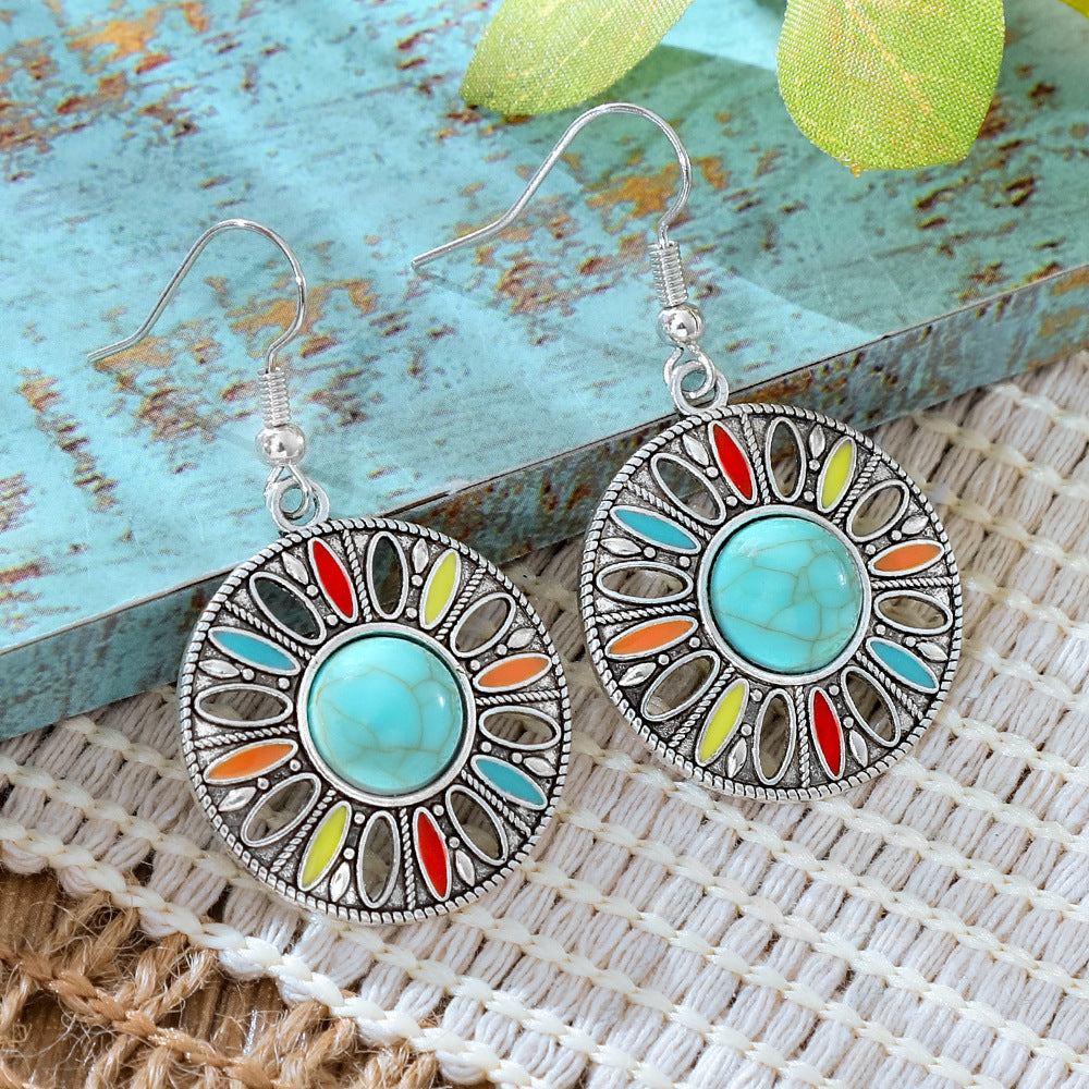 Wholesale Alloy Retro Ethnic Turquoise Bohemian Geometric Oil Drip Earrings Jewelry Accessory