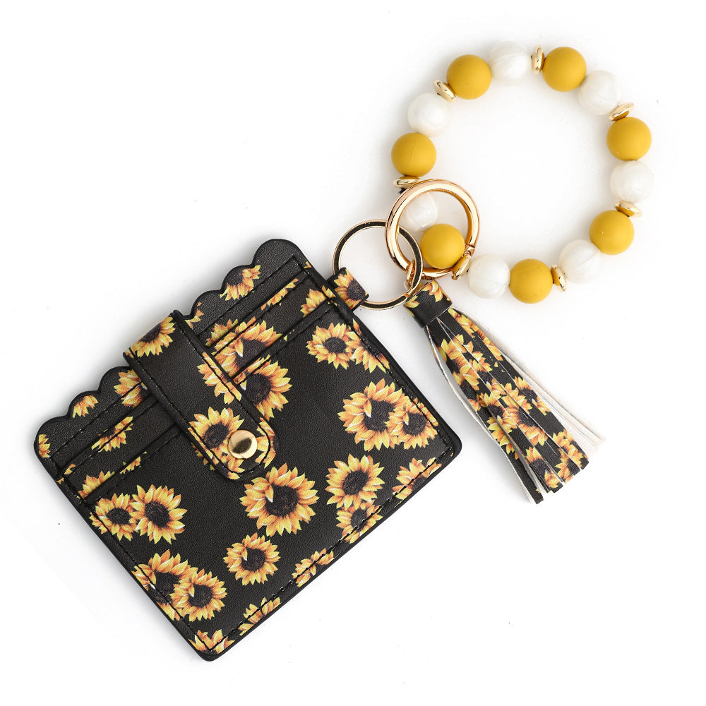 Wholesale  PU  wallet silicone bead bracelet card holder Wristlet Keychain