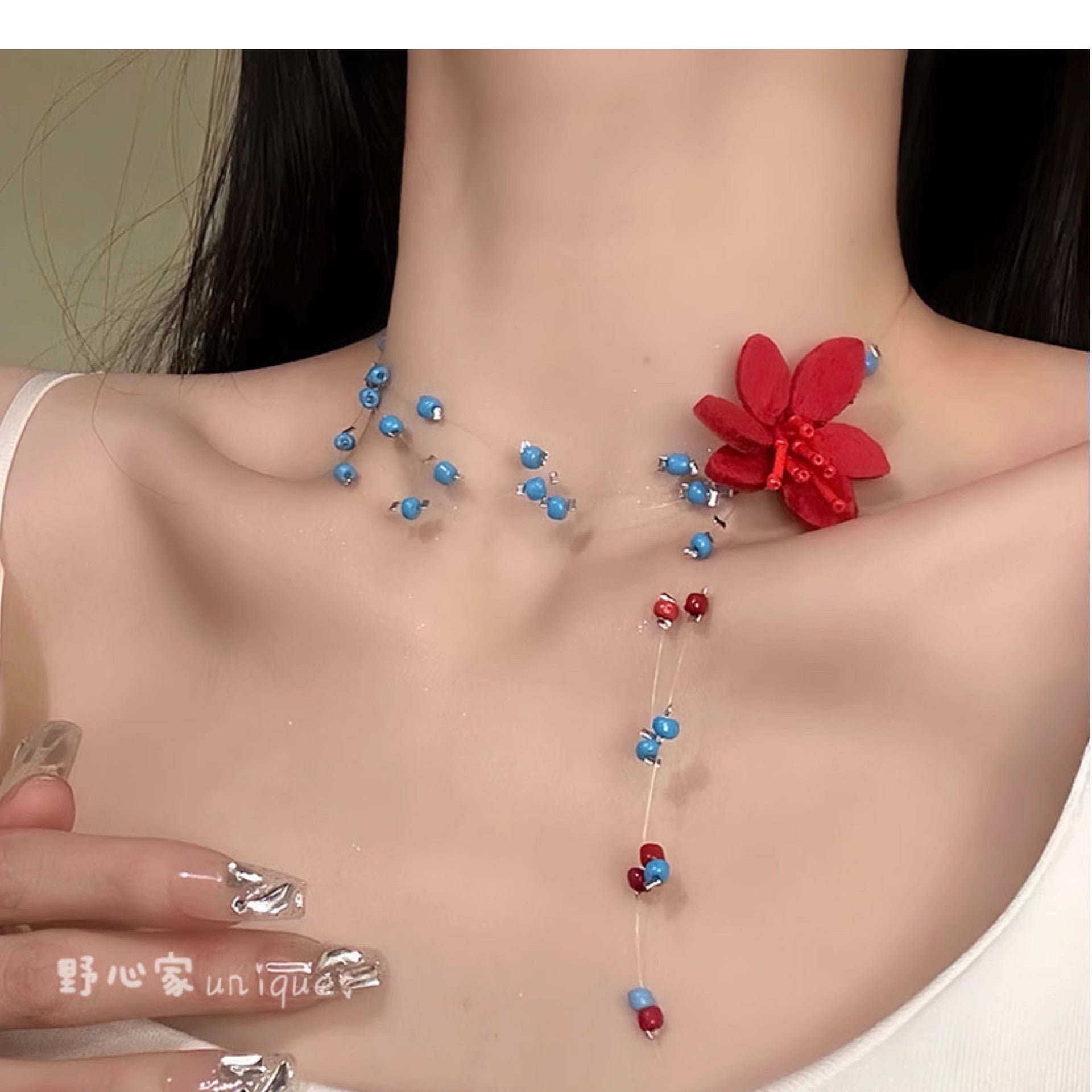 Wholesale Flower necklace blue beaded clavicle necklace