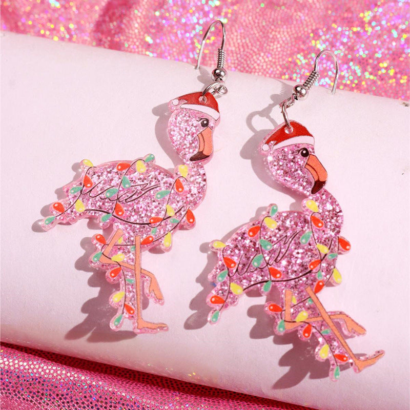 Wholesale  Christmas Party Pink Flamingo Lantern Printed Acrylic Earrings