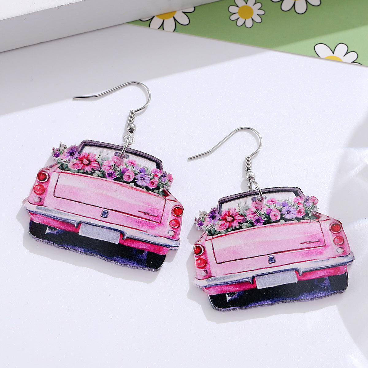 Wholesale Pink Car Flower Acrylic Drop Earrings