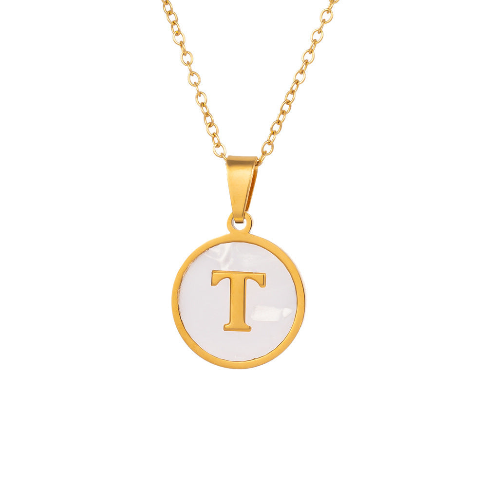 Wholesale Titanium Steel Necklace White Small Round Plate Letter Necklace ACC-NE-XuHao003
