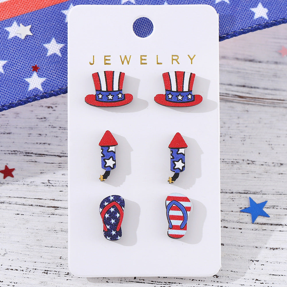 Wholesale  Independence Day Striped Stars Love Fireworks Slippers Round Earrings suit