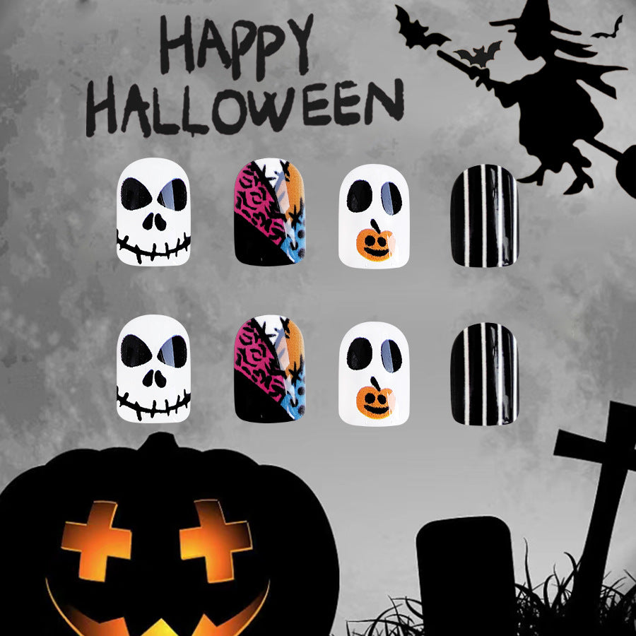 Wholesale 24 Pieces/box Halloween Glossy Ghost Face Pumpkin Press-on Nails Kits Nail Stickers ACC-NS-GuaiXL068
