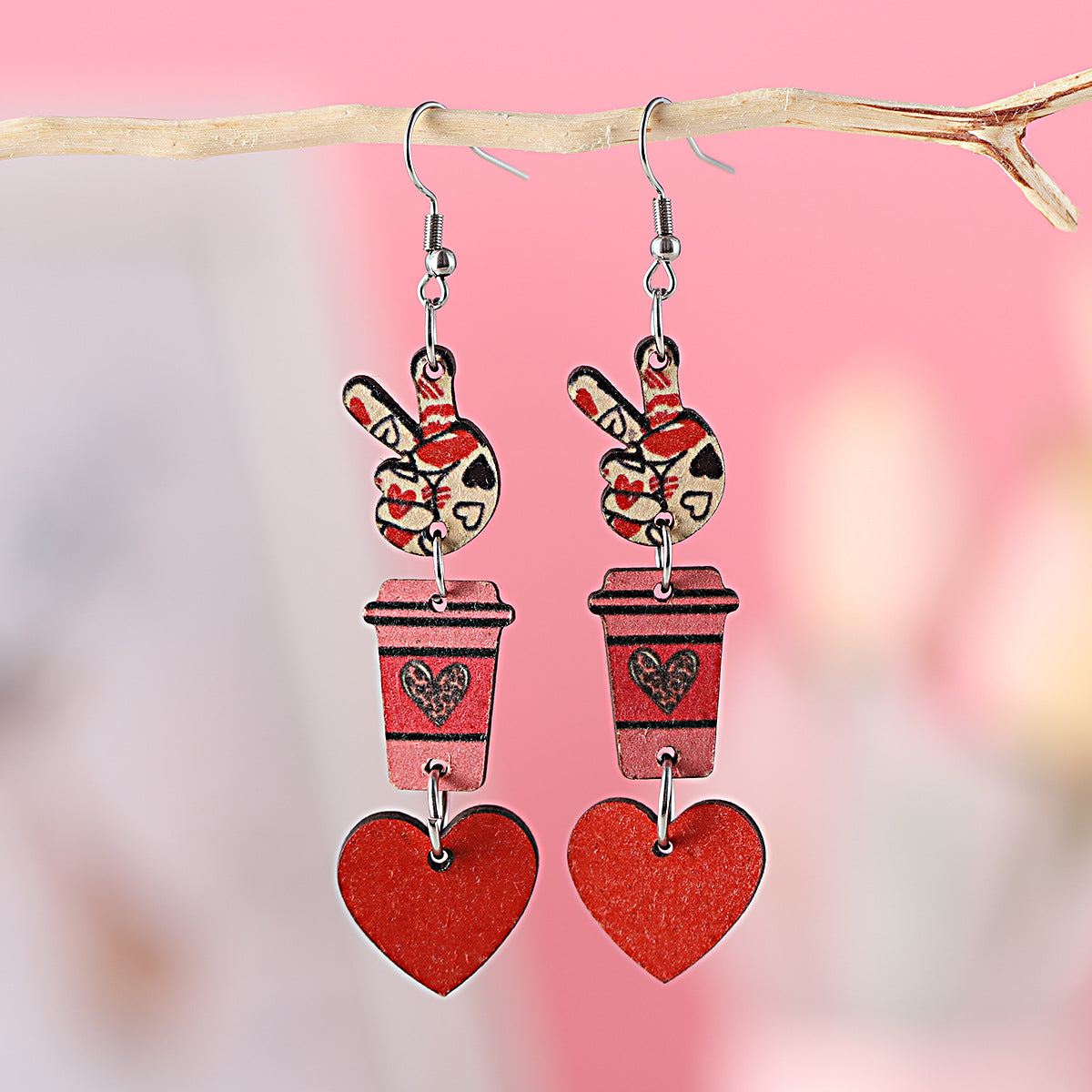 Wholesale Wooden Valentine' s Day Heart Earrings