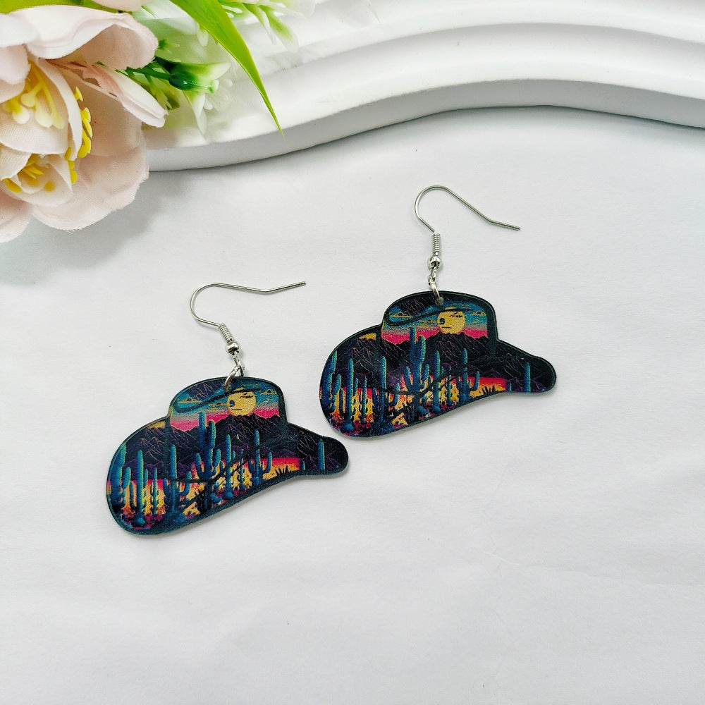Wholesale Western Cowboy Style Earrings Cowboy Hat Acrylic Earrings ACC-ES-Qiyu010