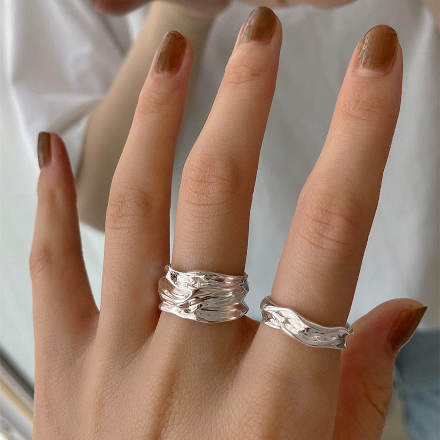 Wholesale Geometric pleated ring  exaggerated 925 silver concave-convex open ring
