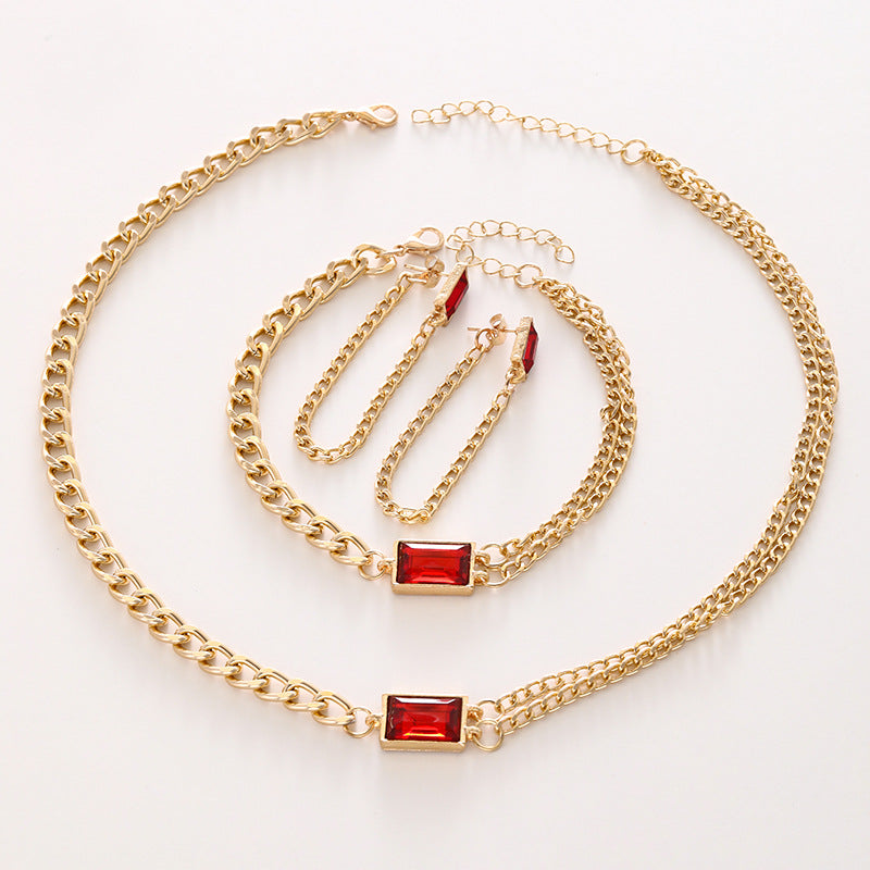 Wholesale Stylish Geometric Zircon Jewelry Set Blue Square Alloy Double Chain Layered Necklace Earrings Hand Accessory Everyday Boutique Resale