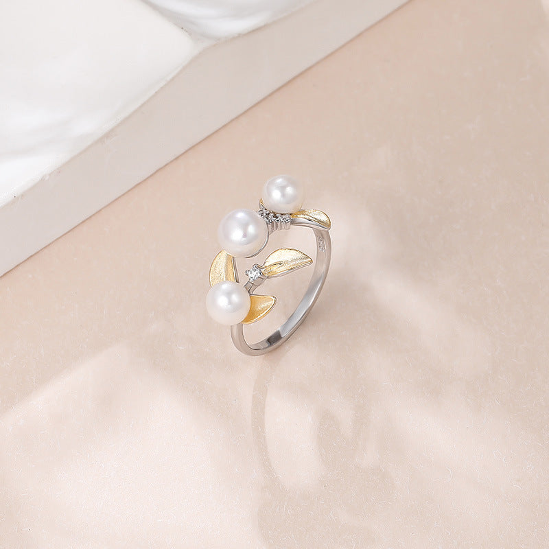 Wholesale 925 Sterling Silver Pearl Leaf Adjustable  Ring