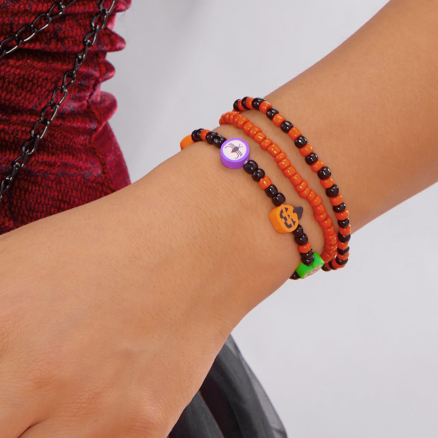 Wholesale rice beads orange pumpkin skull pendant hand jewelry set