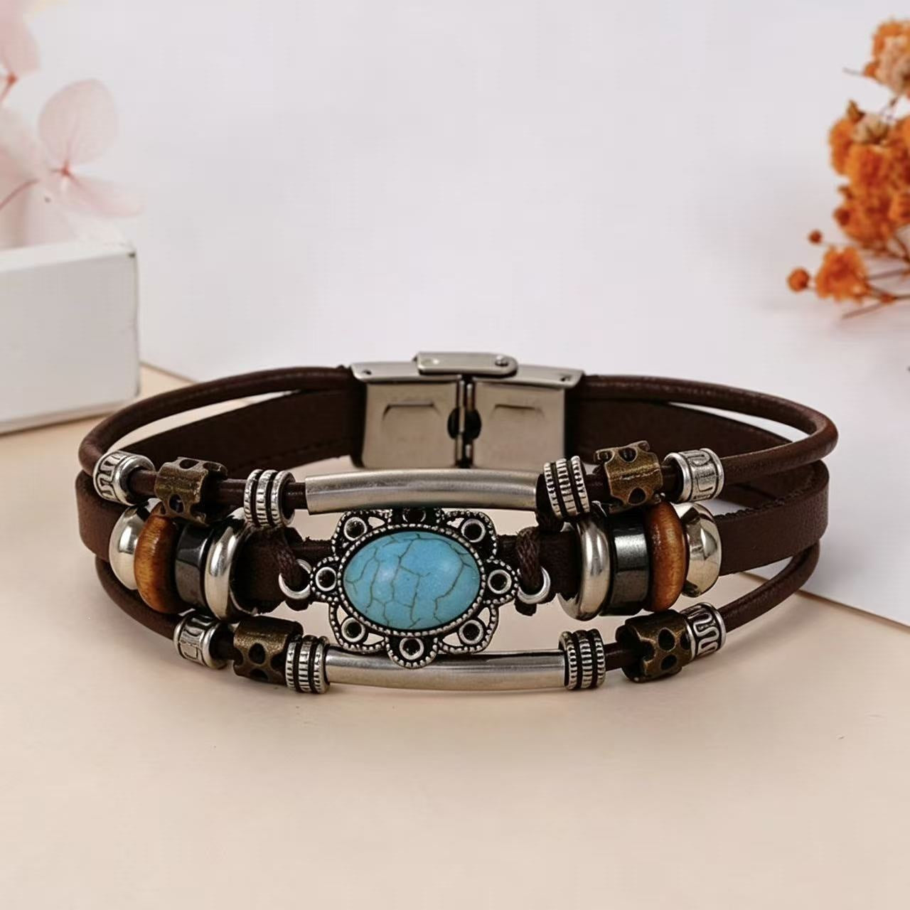 Wholesale Handwoven Leather Turquoise Bracelet Men Unisex Trendy Jewelry Accessory