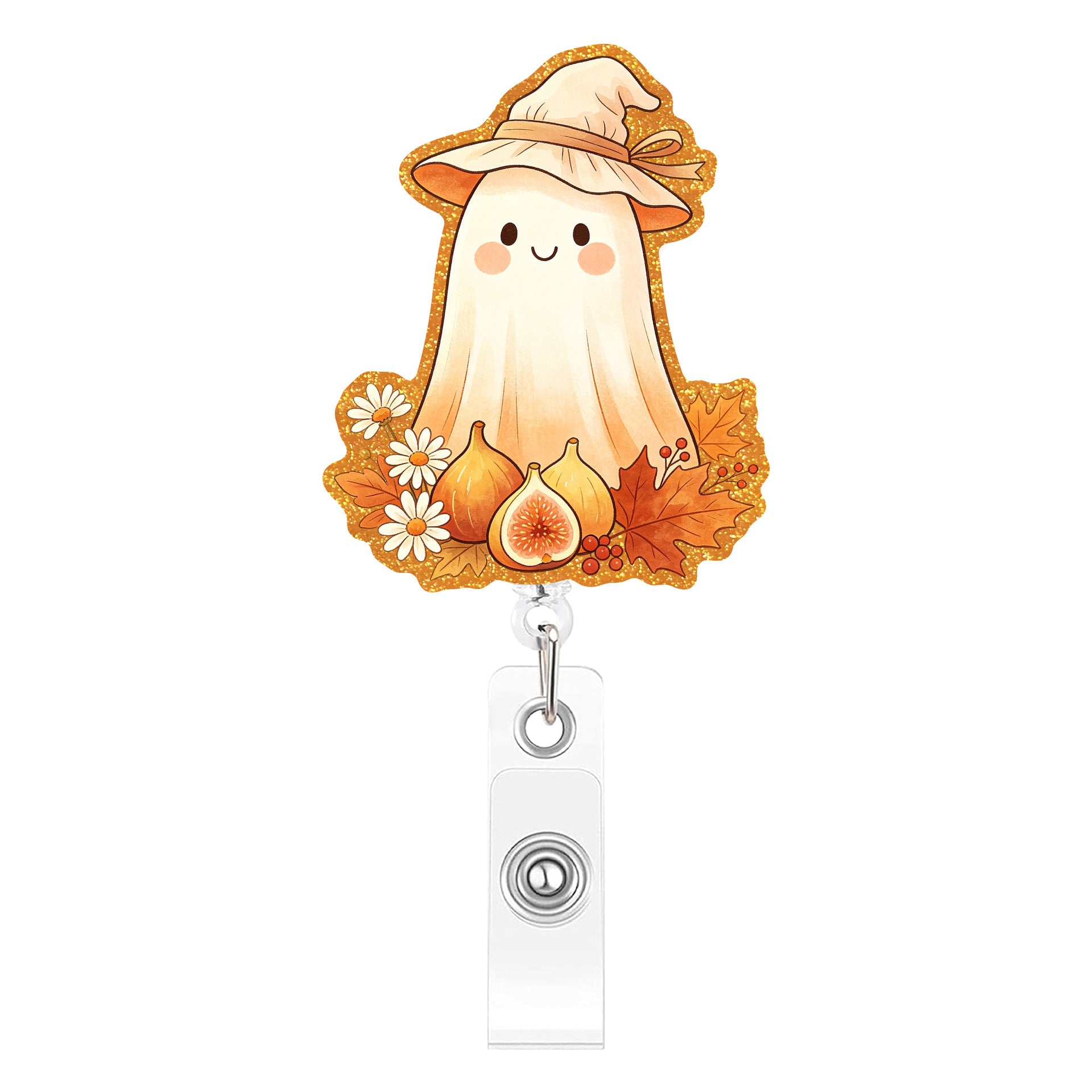 Wholesale Acrylic Gold Glitter BOO Thanksgiving Retractable Badge Reel Autumn Pumpkin Maple Leaf Design Fashion Accessory