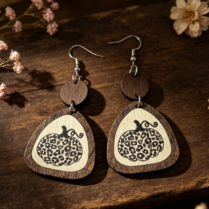 Wholesale Wooden Geometric Earrings Double Layer Leopard Pumpkin Print For Thanksgiving  Party Jewelry Gift Boutique Resale