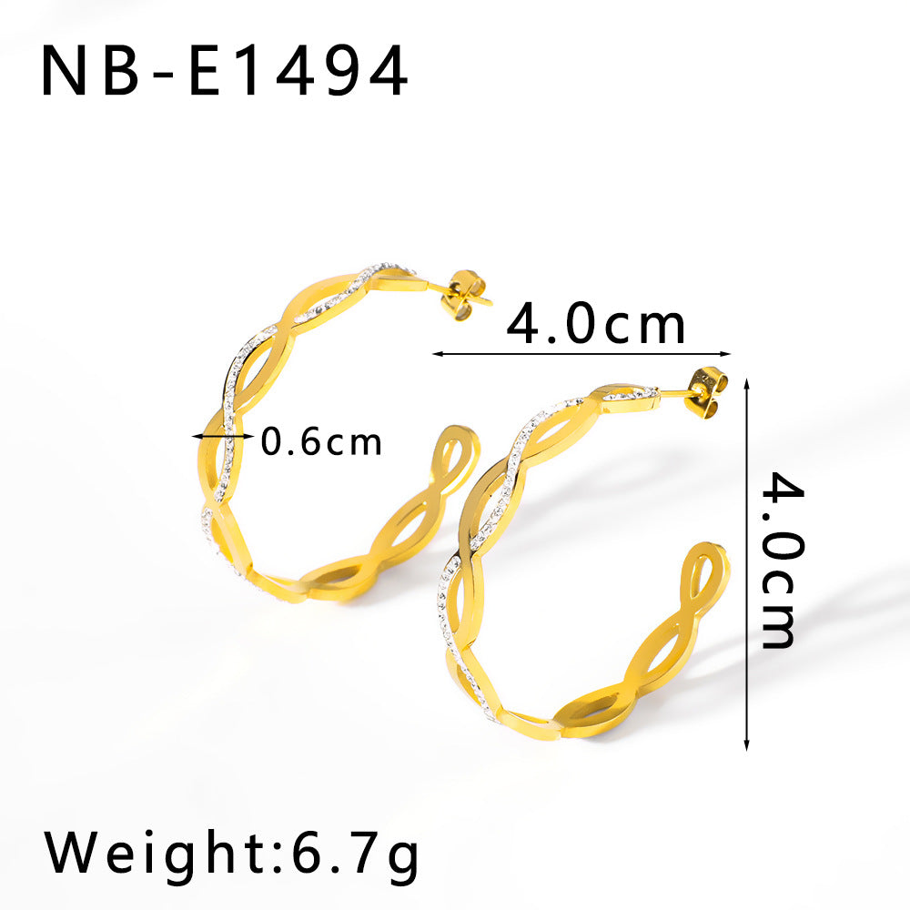 Großhandelskreis C-formed Twist geflochtener Haken verpackter Zirkon glänzender Edelstahlohrringe