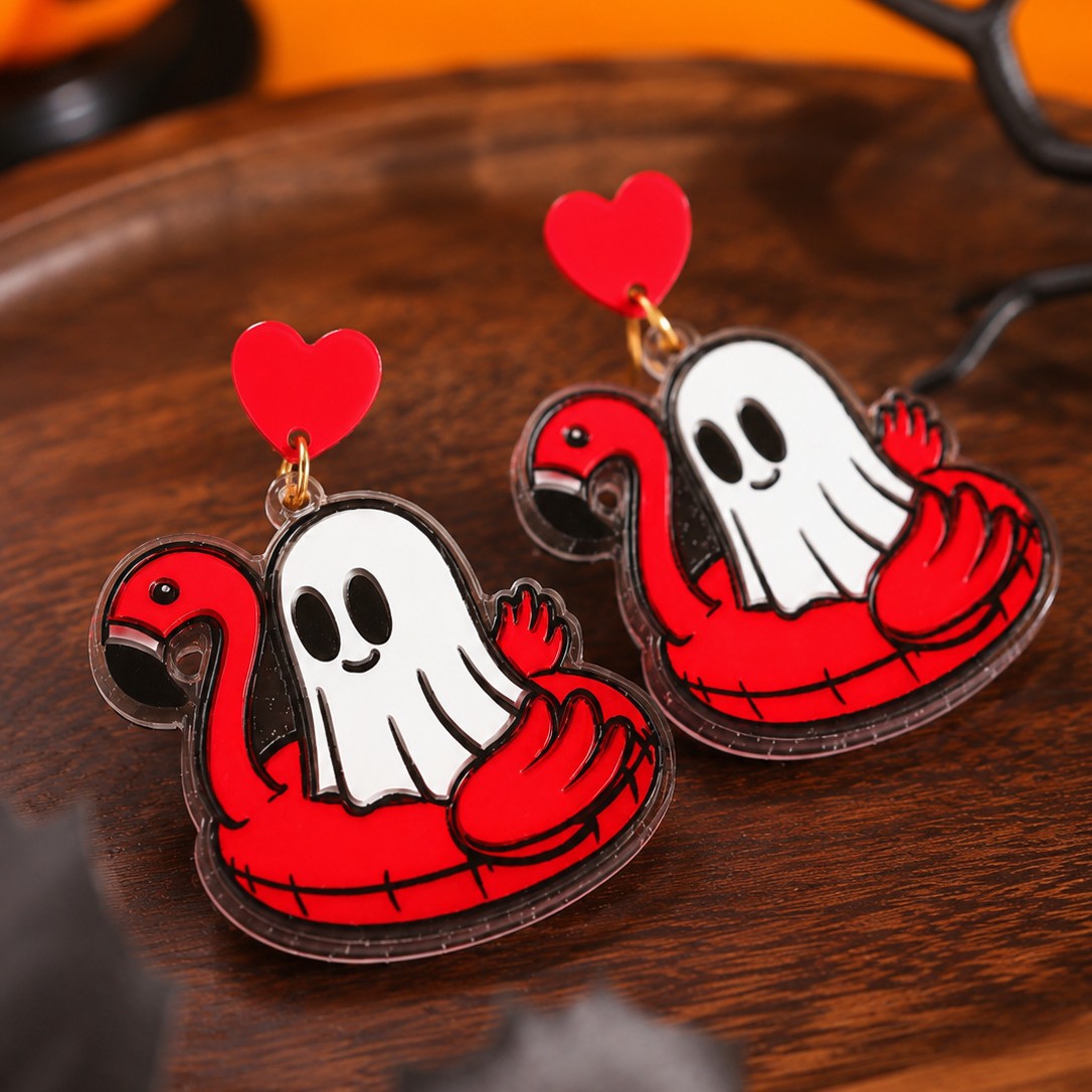 Wholesale Cute Acrylic  Ghost Earrings Pink Flamingo Swim Ring Design Party Jewelry Accessory