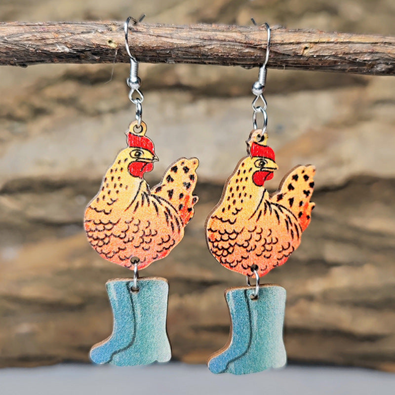 Wholesale Cute hen and chick stitching pendant wooden double-sided earrings