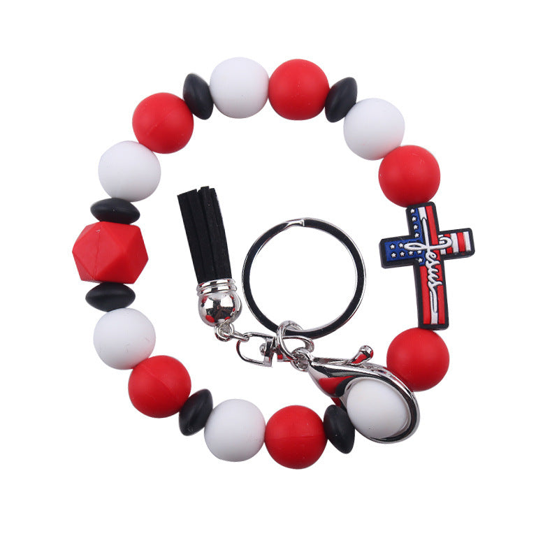 Wholesale Wristlet Keychain New Keychain Pendant Leather PU Short Tassel Silicone Beads Independence Day Bracelet Keychain ACC-KC-GuangTian037