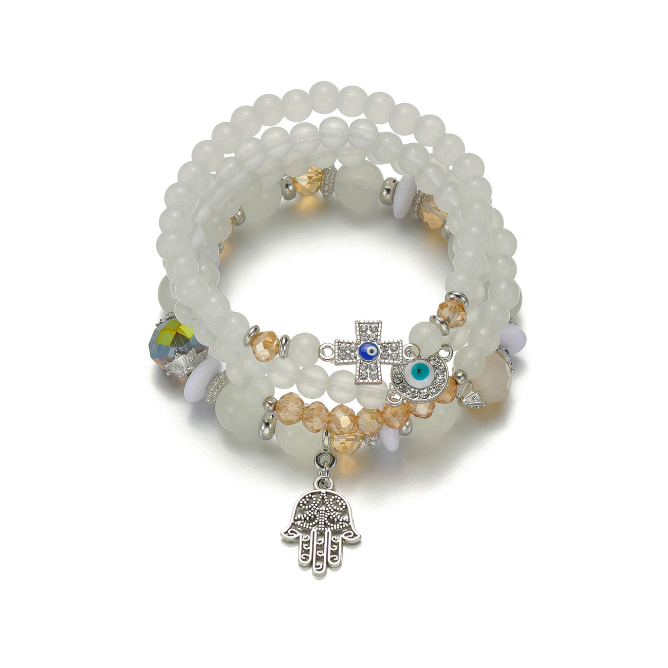 Wholesale alloy rhinestone cross evil eye palm pendant crystal beaded multi-layer bracelet
