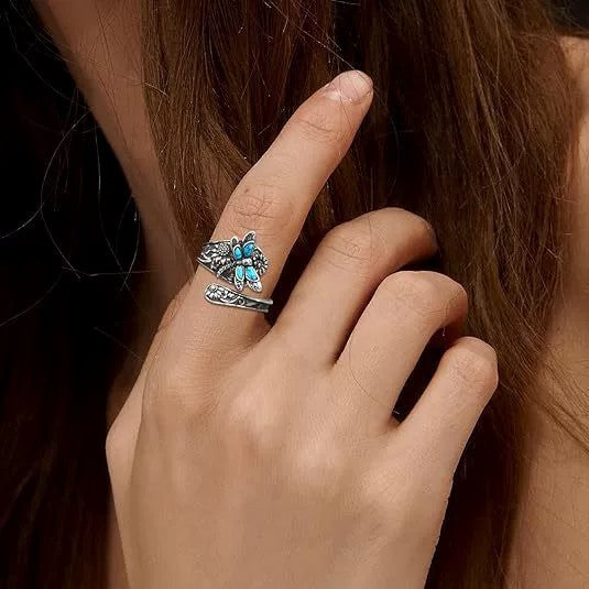 Wholesale Vintage Bohemian Winding Ring with Turquoise Dragonfly and Sunflower Design Women' s Fashion Jewelry Accessory