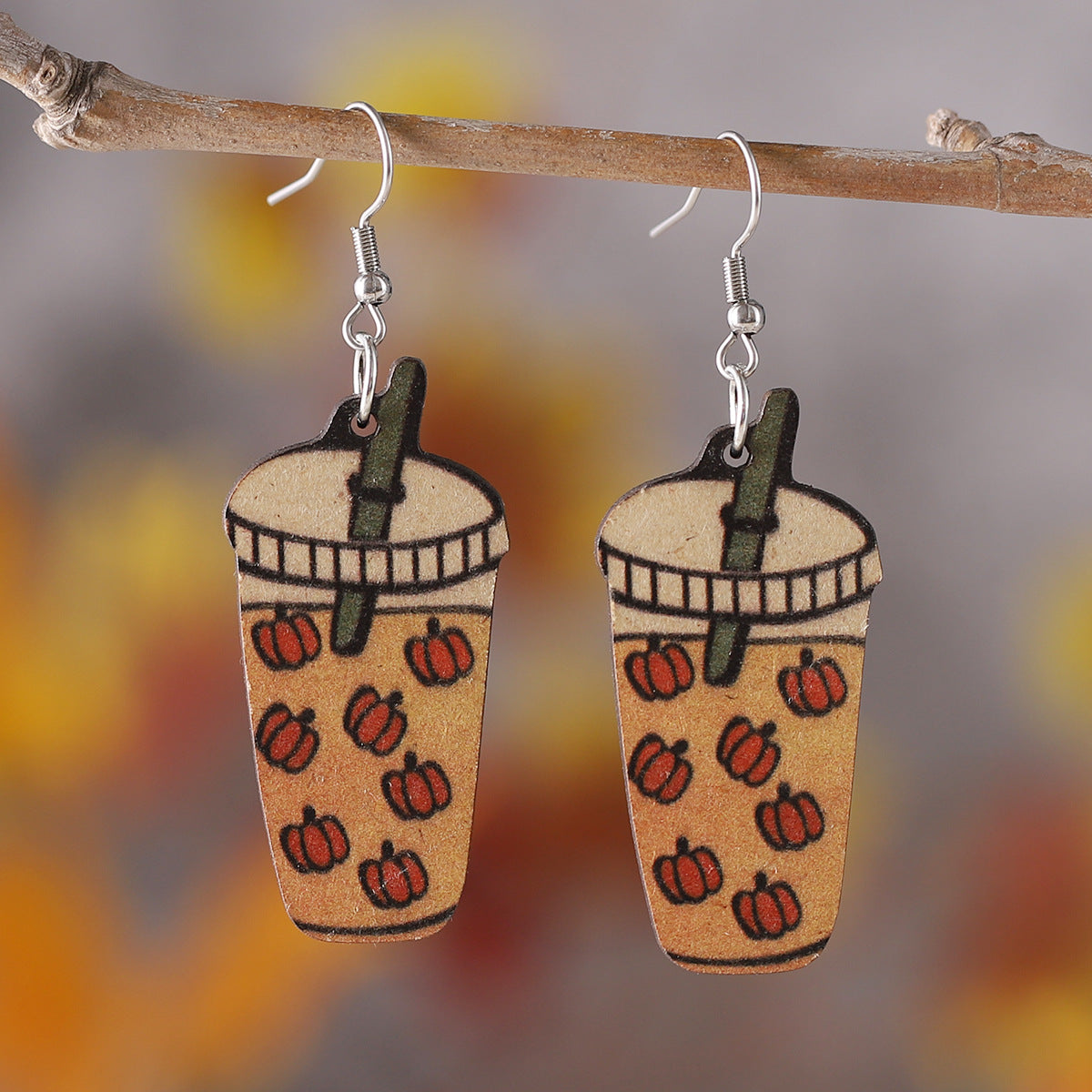 Wholesale Thanksgiving Pumpkin Cream Latte Coffee Cup Wood Earrings ACC-ES-ChuLian057