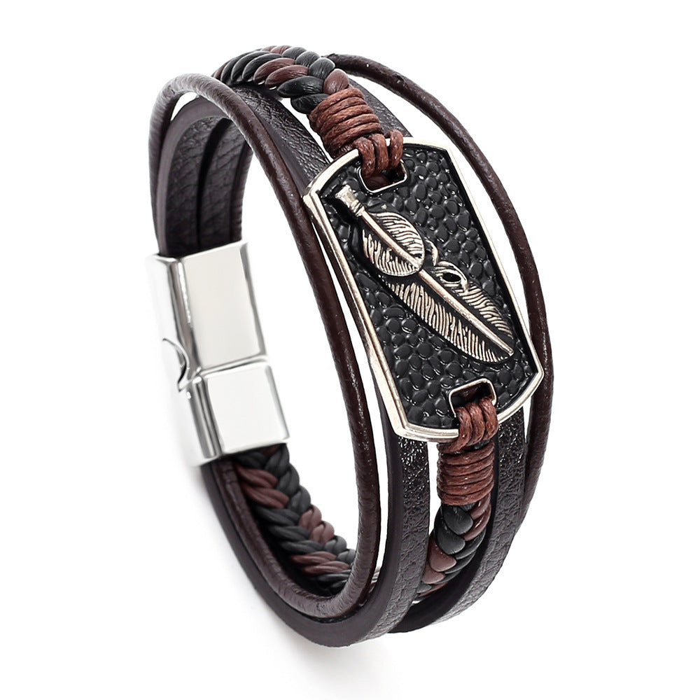 Wholesale Faux Leather Woven Bracelet Men S Vintage Feather Charm Layered Handmade Fashion Jewelry Accessory Gift
