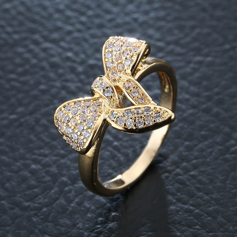 Wholesale Fashion Bow Rhinestone Ring,  Copper with Electroplated Finish,  Women' s Boutique Resale Jewelry Accessory